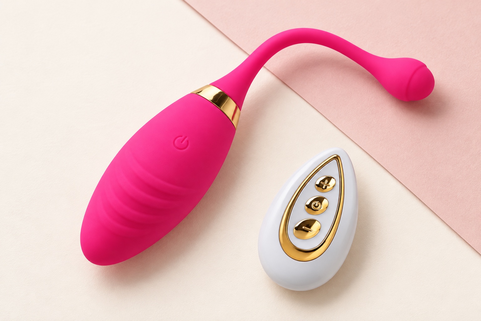 Sofia fuchsia et doré avec sa télécommande blanche à trois boutons dorés, sur un fond ivoire et rose poudré.