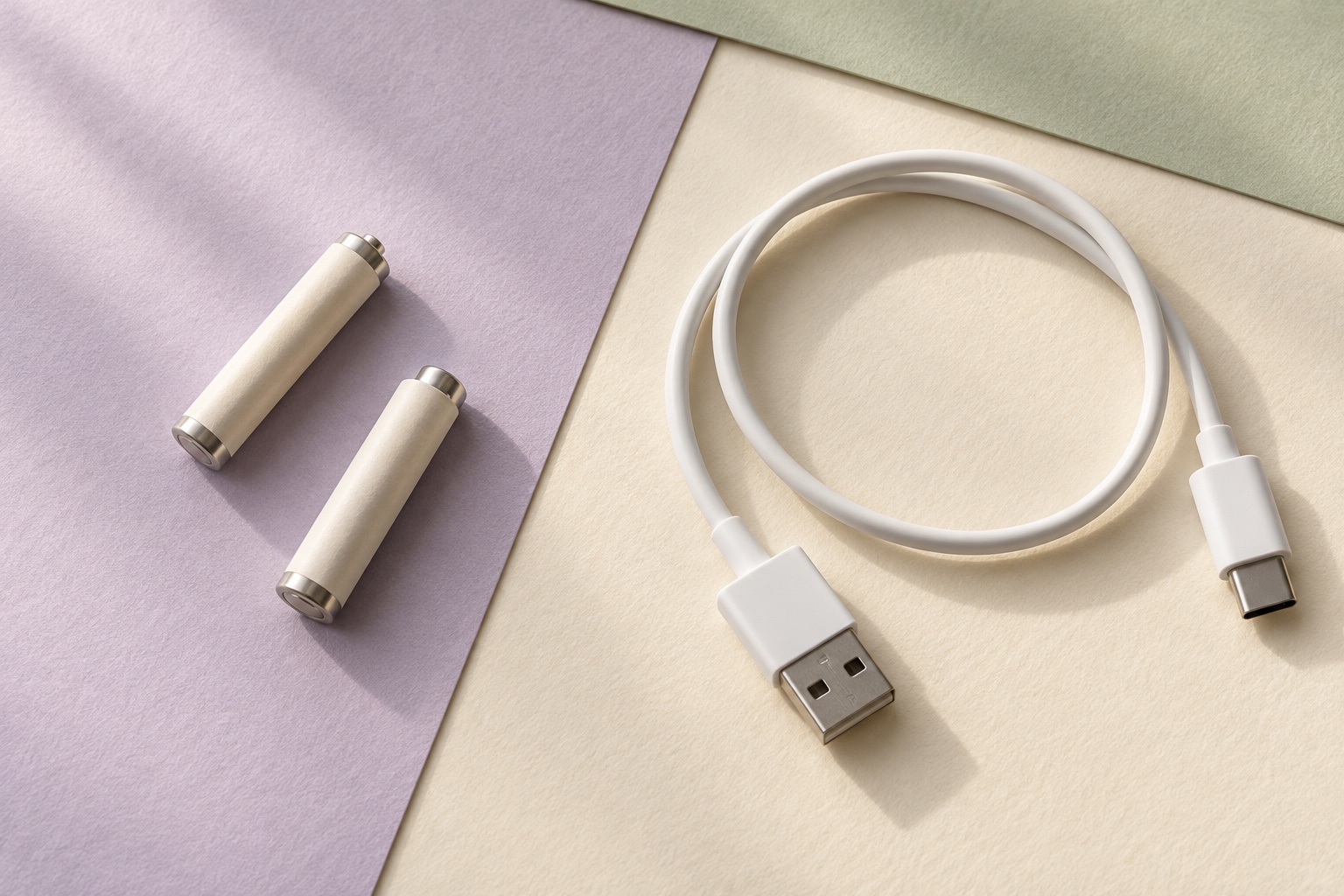 Deux piles et un câble USB blanc disposés sur des papiers lavande, ivoire et sauge pour comparer les alimentations.